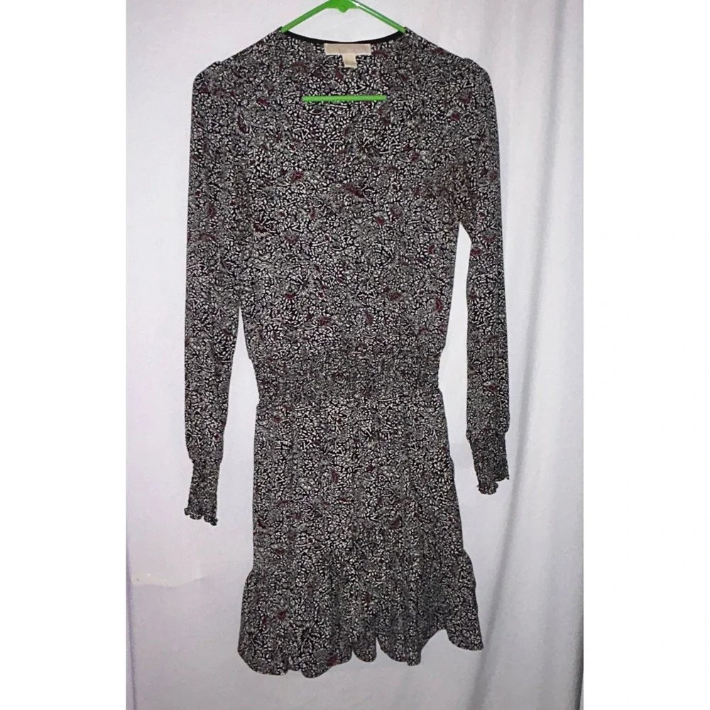 Michael Kors Black Floral‎ Print Long Sleeve Dress XS Mini Ruffle Hem